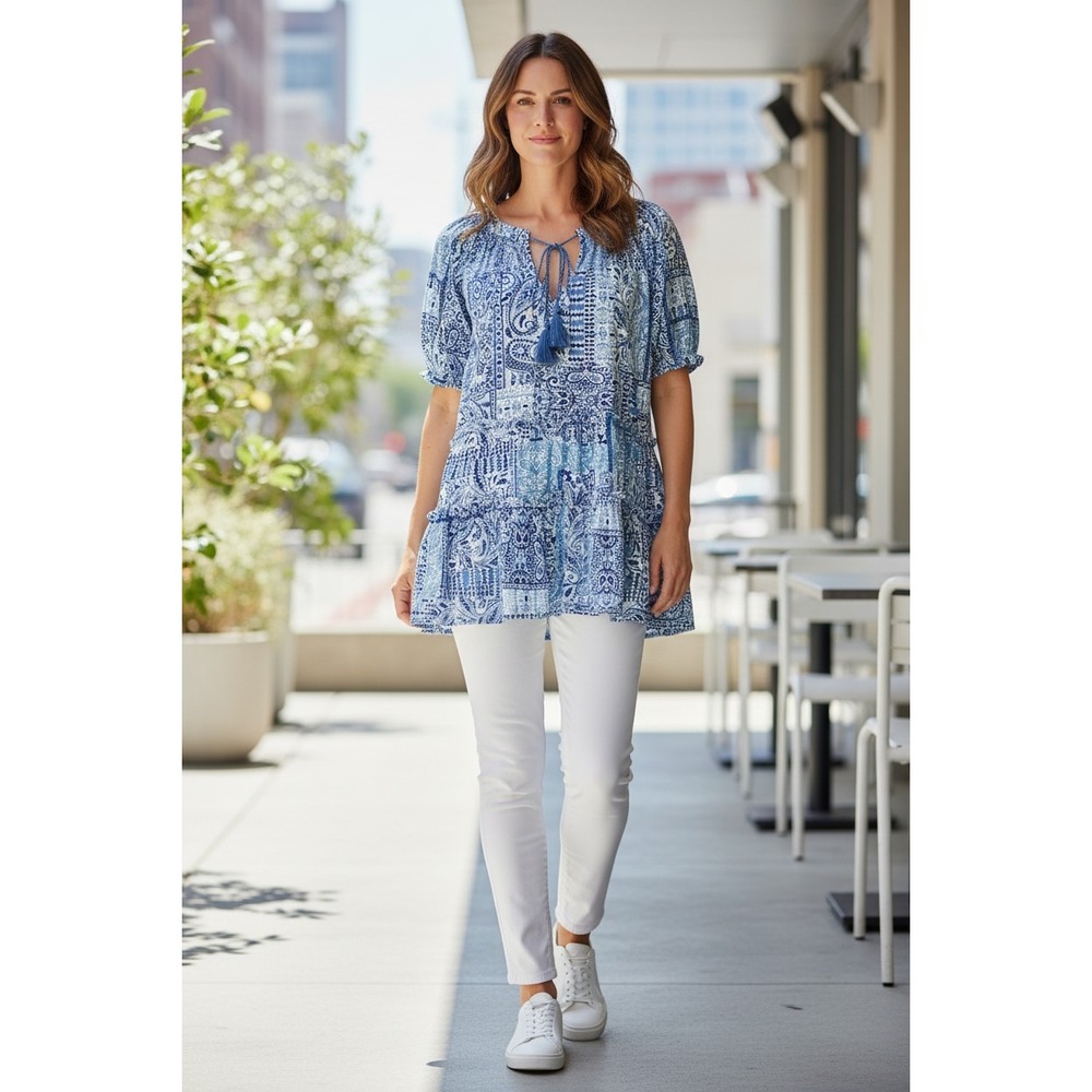 Floral & Ivy Babydoll Top Womens Blue Paisley Patchwork Tassel Tiered Medium